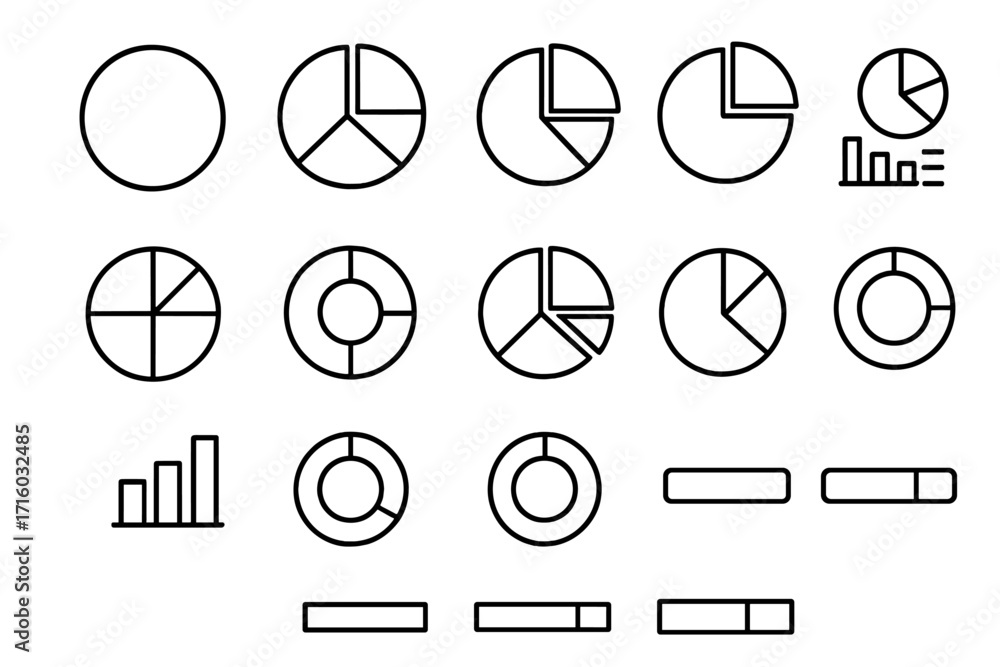 Aufkleber infographic outline icon collection. pie chart, donut chart, and progress bar vector set. editable s