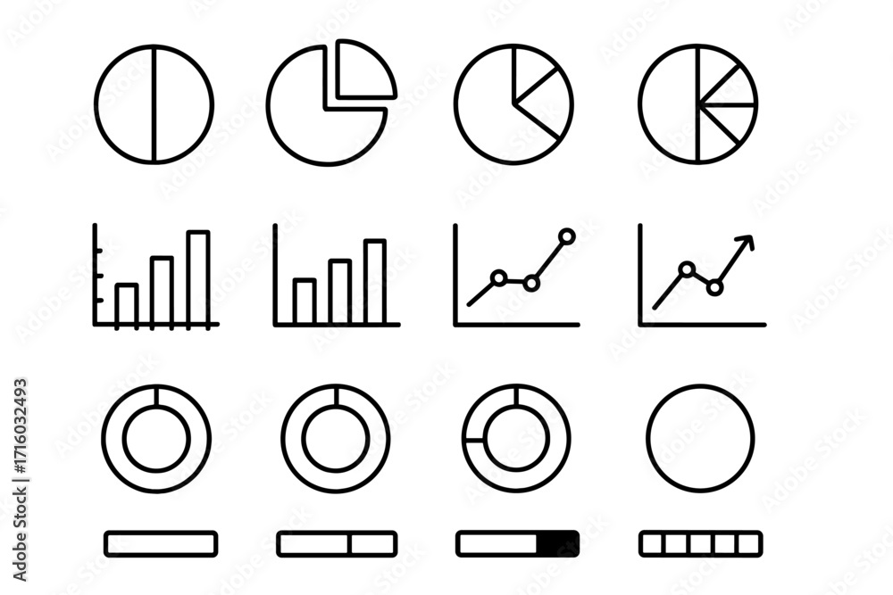 Aufkleber infographic chart and graph line icon set. collection of diagrams, pie charts, progress bars, and da