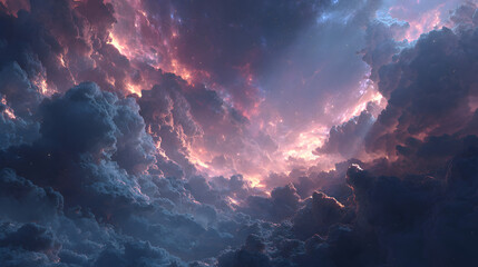 Fototapeta premium A surreal aerial view of floating shattered heavenly spires drifting endlessly through a star-filled void, illuminated by radiant divine beams and deep cosmic shadows,