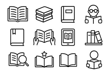 Book and reading line icon collection. Vector icons for education, knowledge, and literature. Set includes library, study, learning, ebook, and reader symbols. Editable stroke.