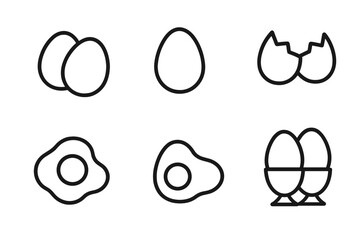 Egg icon set for breakfast and cooking concepts. Simple line art collection including fried egg, broken shell, and eggs in cups. Vector pictograms for food menu design.
