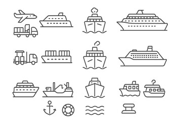 Passenger and cargo transport line icon set. Cruise ship, airplane, container freight, truck. Vector symbols for logistics, shipping, travel. Editable stroke design.
