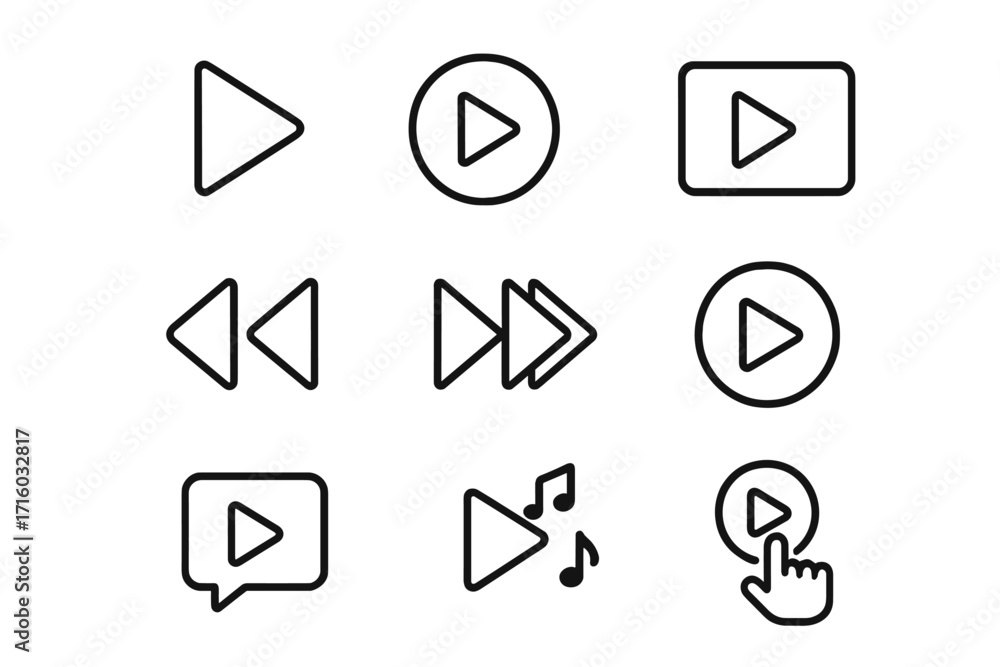Aufkleber play button thin line icon set. media player control elements for web design. video and audio playba