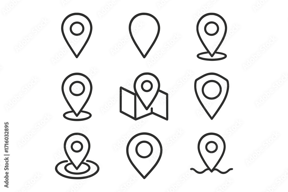 Poster map pin outline icon set. location pointer, navigation marker signs. minimalist linear pictogram col