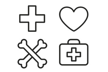 Fototapeta premium Medical and healthcare line icon set. Thin line vector pictograms. Medicine, hospital, emergency symbol. Heart, cardiology, bones, orthopedics, cross sign collection.