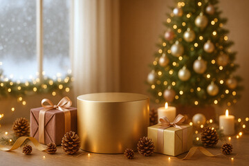 Elegant Golden Christmas Scene with Luxury Podium, Gift Boxes and Decorations. 