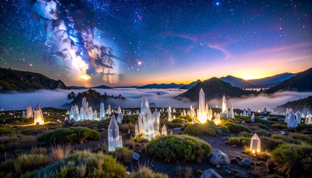 Mystical Crystal Landscape, Starry Sky, Mountains, and Fog