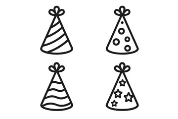 Party hat line icon set for birthday and celebration. Vector graphic collection of cone hats with stripes, polka dots, and stars. Simple outline design for web and print.