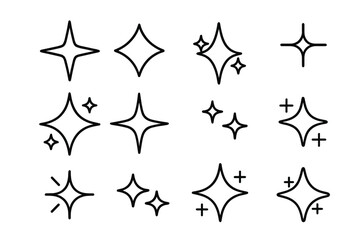 Sparkle icon set. Shine, star, glitter symbols. Cleanliness, freshness, and magic effect. Twinkle stars collection. Editable stroke vector line art for web and apps.