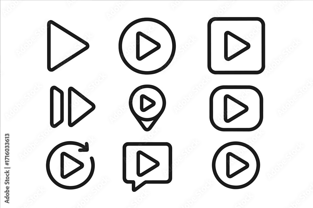 Poster play button icon set. modern outline style signs for media player interface. vector start symbols fo