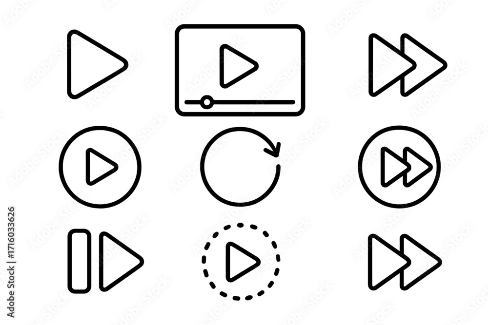 Poster play button line icon set. vector collection of outline media player symbols like fast forward, paus