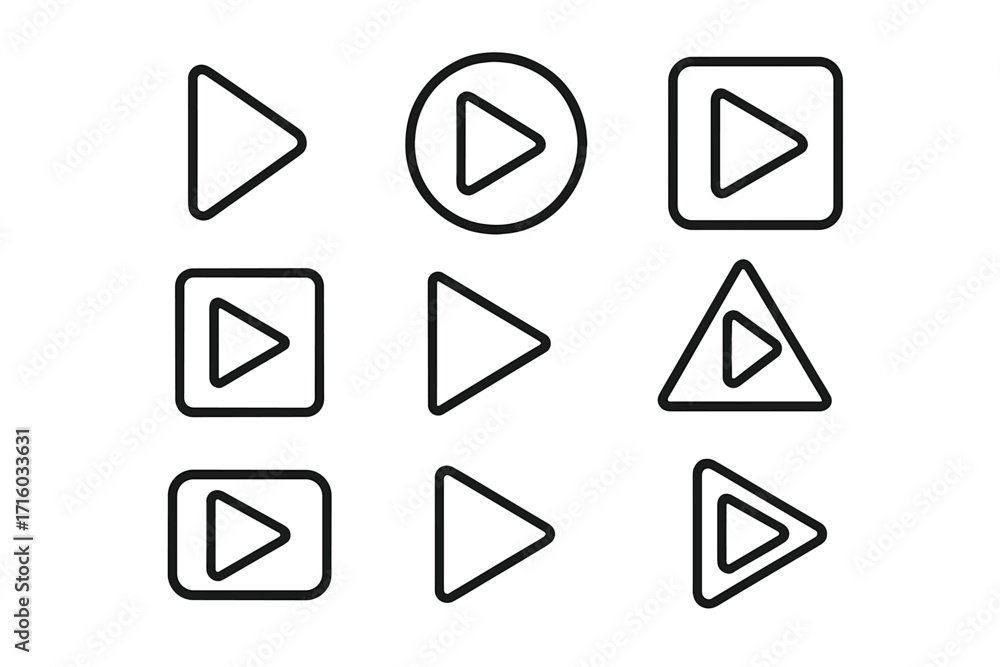 Poster play button icon set in modern outline style. video and audio start sign for media player. ui ux gra