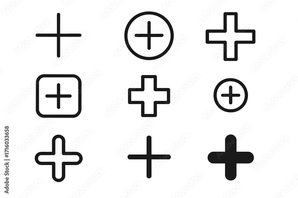 Poster plus sign icon set. add button collection. vector graphic outline symbols for web design, apps, ui, 