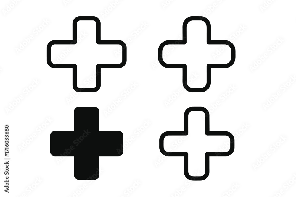Poster set of plus sign icons. add button, cross symbol collection. modern outline and solid flat style vec