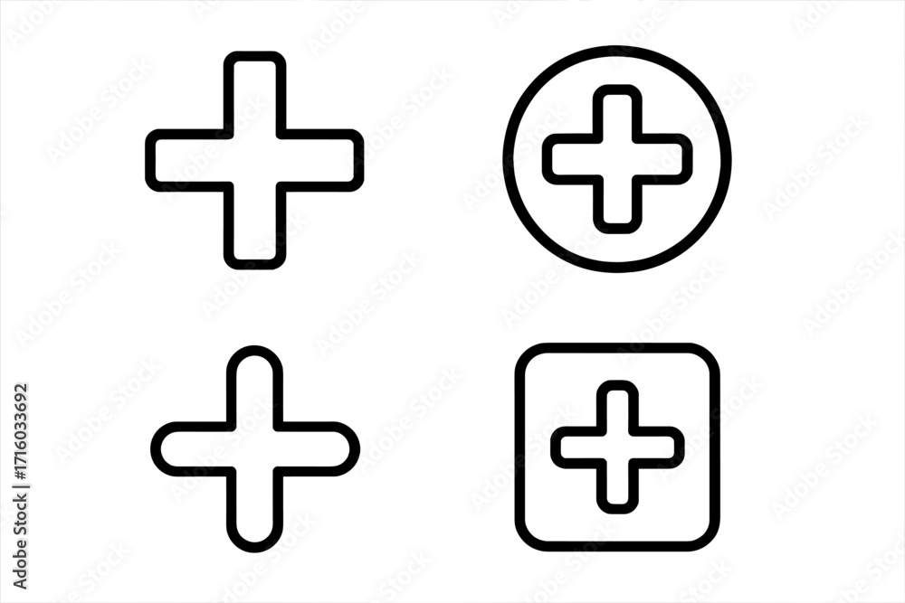 Poster set of plus sign icons. modern thin line vector symbols. add button collection for web design, mobil