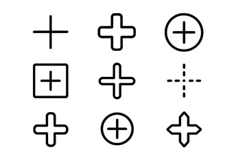 Plus sign line icon set. Collection of add, more, and positive symbols. Simple outline vector icons for web design, apps, UI, UX, infographics and graphic design.