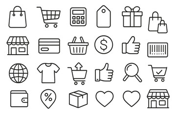 Shopping and e-commerce thin line icon set. Vector symbols for online store, retail business, web design, and mobile app UI. Includes cart, bag, payment, and delivery icons.