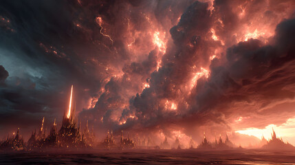 A photorealistic cinematic frame of Lucifer's dark army marching across a shattered heavenly battlefield, crimson storm clouds swirling, flaming obsidian sword glowing with infernal fire,