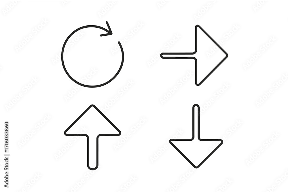 Poster arrow icon set thin line style. up, down, right, and circular refresh arrows. vector symbols for nav