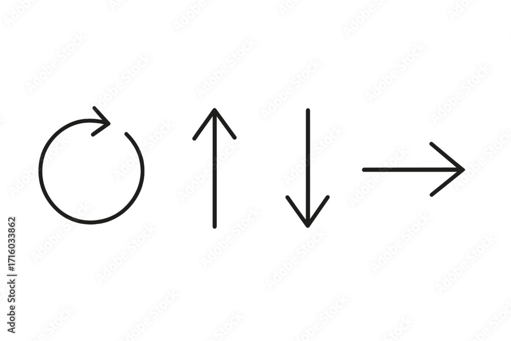 Poster thin line arrow icon set. up, down, next, and refresh symbols. simple outline vector signs for web d
