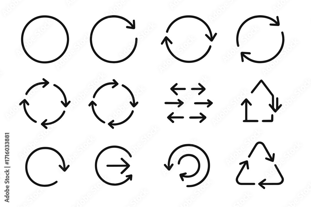 Poster arrow line icon set for web and graphic design. vector circle, round, and recycle signs. reload, ref