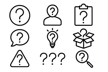 Question mark line icon set. Help and support symbols. FAQ and query signs for web and apps. User, search, idea lightbulb, problem solving vector illustration pack.