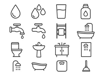 Bathroom & water line icon set. Vector collection of plumbing, hygiene, shower, toilet, bath symbols. Editable stroke icons for web, apps, print. Simple clean pictograms.