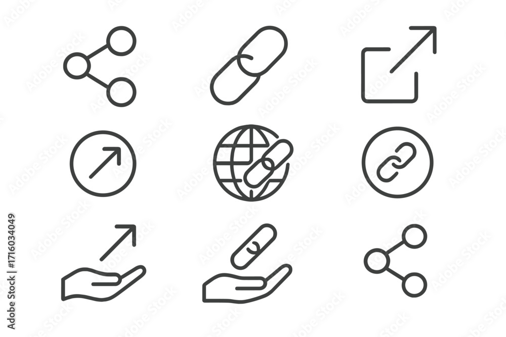 Poster share and link thin line icon set. vector symbols for ui, ux, and web design. hyperlink, connect, se