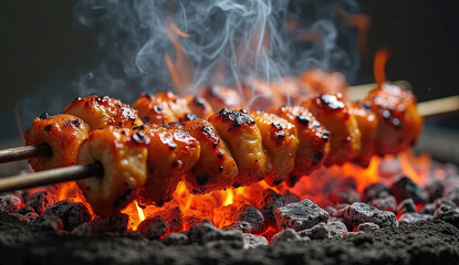 Close-up of delicious, smoky grilled chicken skewers