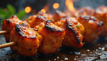 Close-up of delicious, charred chicken tikka skewers.