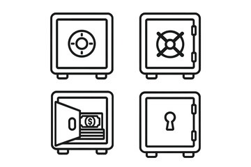 Safe deposit box outline icon set. Bank security and protection concept. Vector collection of finance symbols like money, cash, combination lock, and keyhole. Editable stroke.