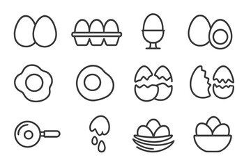 Egg icon line set. Breakfast food vector outline icons. Fried, boiled, poached eggs, omelette, carton, nest and bowl. Cooking and meal preparation symbols for web and app.