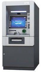 Modern ATM machine in a well-lit urban environment with people using nearby services
