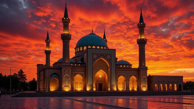 Stunning Sunset Time Lapse at Jamkaran Mosque Qom Iran with Fiery Red Clouds in 4K resolution for Travel, Religion, and Cultural Projects