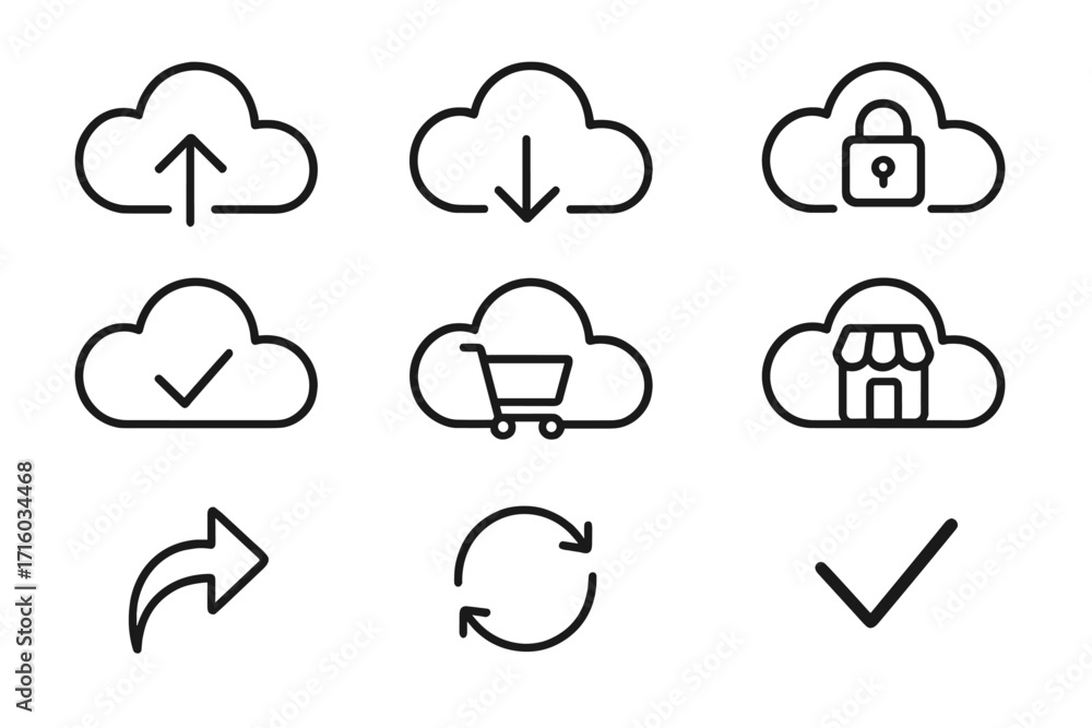 Poster cloud computing icon set. data storage, upload, download, online shopping, and security symbols. sim