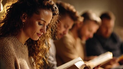 Bible study group, people sitting together with open bibles in warm light, discussion and devotion captured.