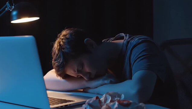 Exhausted young man falls asleep at his desk in a dark room while working late at night on his laptop, a symbol of professional burnout