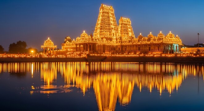 The majestic Sri Ranganathaswamy Temple in Srirangam, Tamil Nadu, illuminated at dusk, with its grand towers reflected in the tranquil waters of the temple tank.