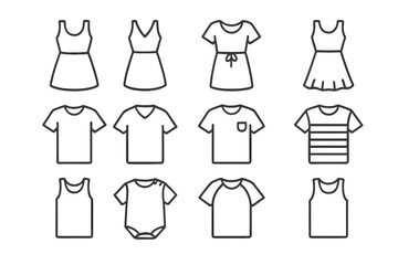 Fashion and apparel line icon collection. Clothes vector set including dress, t-shirt, tank top, baby bodysuit, and garments. Simple outline symbols with editable stroke.
