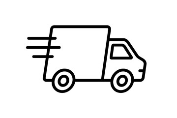 Fototapeta premium Fast delivery truck icon vector line art. Express shipping service & logistics concept. Quick transport van symbol for e-commerce, web, apps. Freight & cargo automobile.