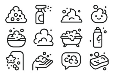 Foam and bubbles icon set. Modern outline style icons for cleaning and washing. Vector illustration of soap, spray, bathtub, shower, and personal hygiene products.