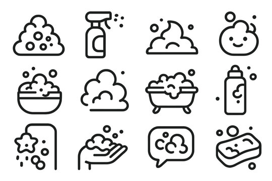 Foam and bubbles icon set. Modern outline style icons for cleaning and washing. Vector illustration of soap, spray, bathtub, shower, and personal hygiene products.