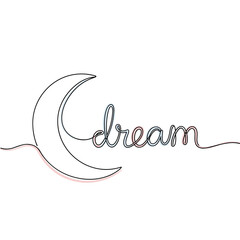 Illustration of a crescent moon with the word dream artistically intertwined in a whimsical design