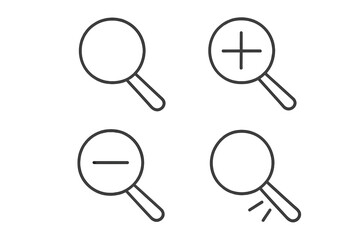 Magnifying glass line icon pack. Search, find, zoom in, zoom out symbols. Loupe pictogram set for UI, UX web design. Minimalist graphic elements for analysis, discovery, inspection.