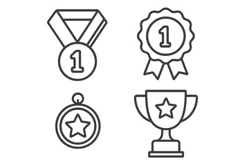 Award medal trophy line icon set. First place winner prize, champion achievement symbol. Vector illustration for victory, success, competition, and quality guarantee badge.