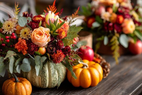 Autumnal floral arrangement in a decorative pumpkin centerpiece, showcasing a vibrant mix of orange, red, and peach tones against a dark wooden backdrop.