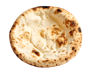 Pita flatbread pocket, round puffy center with char spots and soft chewy crust, Mediterranean wrap base on isolated background