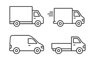 Delivery truck and van line icon set. Logistics and transportation symbols. Shipping, cargo, freight vehicle collection. Editable stroke vector for web, apps. Commercial transport outline icons.