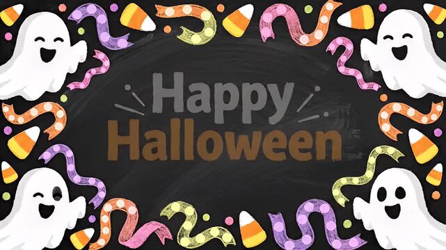 happy halloween greeting on chalkboard with spooky elements