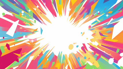 カラフルな虹色の光線が放射状に広がるシンプルでクリーンな構図のポップアート背景、マンガ風の描線が特徴で中央に余白あり、抽象的な使用用途に適した高画質デザイン